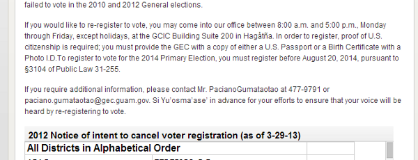 Pursuant to §3123 of Public Law 31-255, please be informed that the Guam Election Commission (GEC) intends to cancel the following voter registrations on May 1, 2013, since the GEC...